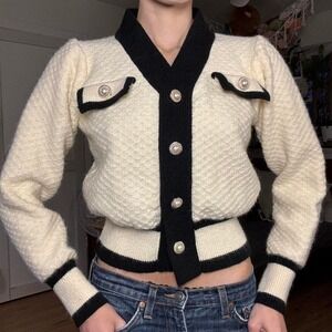 Cream Black Contrast Trim Pearl Button Cropped Cardigan Sweater Vintage Style